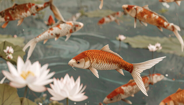 Serene scene with koi fish and lily pads in water. Fish background. 