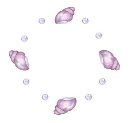 Watercolor round frame made of pearls with shells.