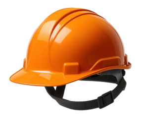 Bright orange safety hard hat with an adjustable chin strap on transparent background.