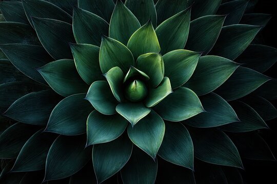 Close-up of a rosette succulent.  Dark green, textured leaves radiate outward from a central point, creating a symmetrical pattern