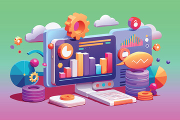 Colorful 3 D illustration of computer screen with charts and gears data analysis