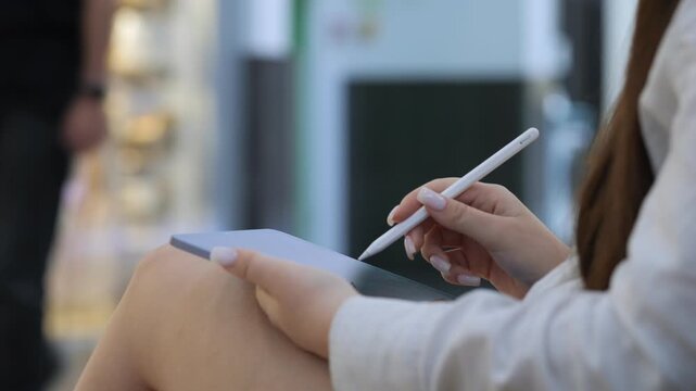 Woman is sitting on a couch with a cell phone in her hand. She is also holding a pen