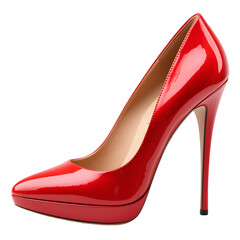 A red glossy high heel women's shoe, side view, realistic PNG isolated on white background.
