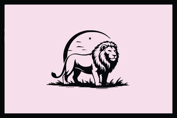 silhouette of a lion in front of a setting sun, standing on what appears to be grass