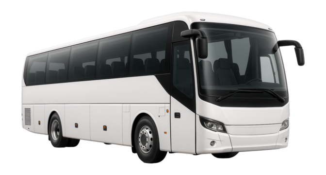Modern white passenger bus with large tinted windows and aerodynamic design on transparent background.