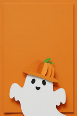 A Cute Paper Cutout of a Ghost Wearing a Pumpkin Hat on a Solid Orange Background, with Large Vertical Copy Space for Halloween Party Invitations and Banners