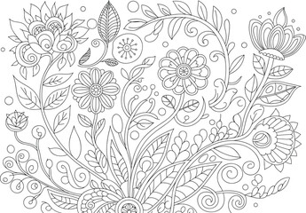 Fototapeta premium Inspirational floral coloring page, hand drawn flower bouquet illustration with quote, black and white botanical line art, bloom beautifully design