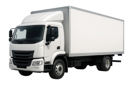 Fototapeta A large, white, box cargo truck with side mirrors, black grill, and robust tires designed for transportation on transparent background.