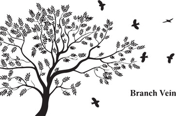 detailed line art vector of tree branches with birds in flight for creative prints posters and digital applications