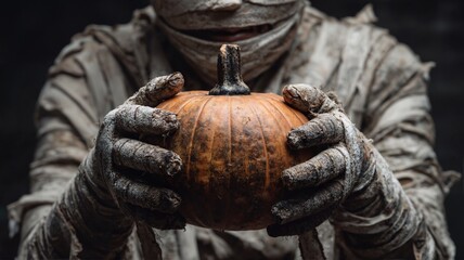 Mummy holding carved pumpkin lantern on  dark background