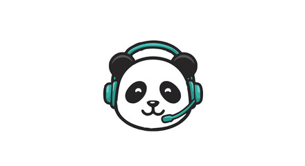 Cartoon panda head with headset and microphone for gaming or customer service representation centered