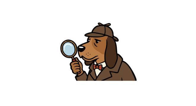 Cartoon dog detective wearing a deerstalker hat and suit examining with a magnifying glass closely now
