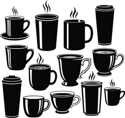 Obraz premium Black Silhouette Icon Set Featuring Twelve Distinct Coffee Cup and Mug Designs — Including Saucers, Tall Cups, Handled Mugs, and Lidded Travel Cups with Rising Steam in Minimalist Beverage Collection