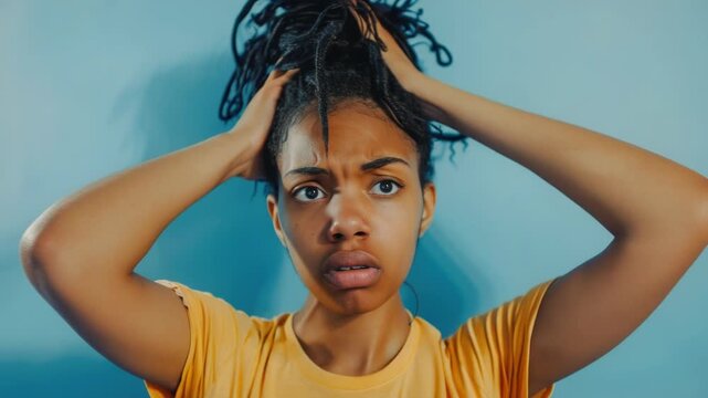 A woman sitting with her hands resting on her head in a contemplative pose