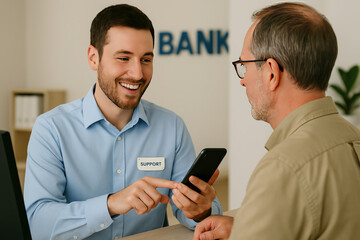 Bank Customer Support: A friendly bank employee assists a customer with a smile. The scene showcases professional assistance and financial service interaction.