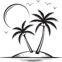 bright tropical day island vector with palm trees sun birds soaring over ocean sands for summer holiday concept