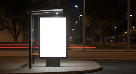 Blank Mockup Of Bus Stop Vertical Billboard On The Sidewalk At Night. Front View Of White Empty Outdoor Advertising Screen