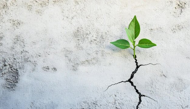 A small green plant growing through cracks in concrete against a white background symbolizes concepts such as hope