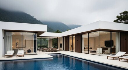 Photo of exterior view of a modern luxury villa with a swimming pool, surrounded by mountains and tropical landscape on a cloudy day, showcasing contemporary architecture
