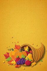 A Paper Cutout-Style Thanksgiving Cornucopia Filled with Pumpkins, Grapes, and Apples, with Autumn Leaves on a Textured Yellow Background and Vertical Copy Space