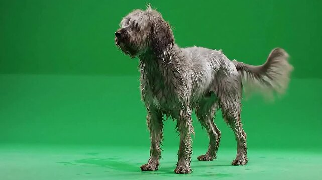 Wet gray furry dog shaking water off fur on green screen background footage