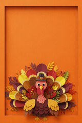 A Paper Cutout of a Festive Turkey Wearing a Pilgrim Hat with Colorful Autumn Leaves and Feathers, Framed on a Vertical Orange Background, with Copy Space