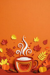  Paper Cutout of a Steaming Mug of Hot Cocoa with Marshmallows, Surrounded by Autumn Leaves and Pumpkins, Ideal for Vertical Fall Holiday Designs