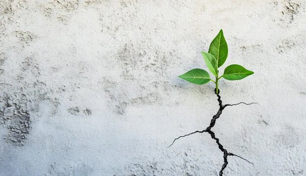 A small green plant growing through cracks in concrete against a white background symbolizes concepts such as hope