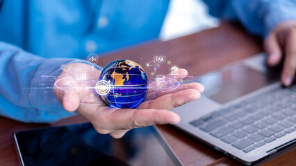 Global trade and tax policy concept focusing on tariffs, tax rhetoric, and competitive...
