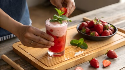 A man with a strawberry juice in his hand