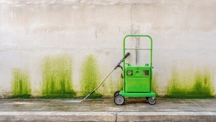 Green pressure washer cleaning algae-covered wall