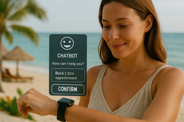 Tech-savvy Beach Bliss: A woman effortlessly interacts with a virtual chatbot interface on her smartwatch, enjoying a tropical beach paradise.