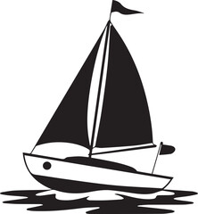 silhouette of sailboat on calm water with wavy lines black and white simple clean vector illustration