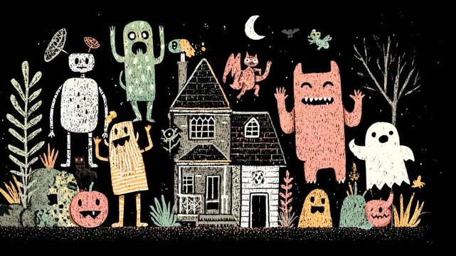 Funny Retro Cartoon Ghost Halloween Illustration in Dark Spooky Style