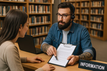 Knowledge Exchange in Library: A librarian guides a patron, emphasizing essential information and fostering a scene of learning in a traditional library setting.