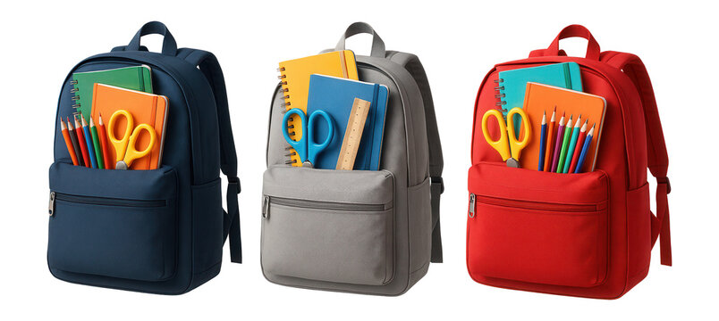 Three colorful backpacks filled with school supplies, including notebooks, scissors, and colored pencils, on transparent background.