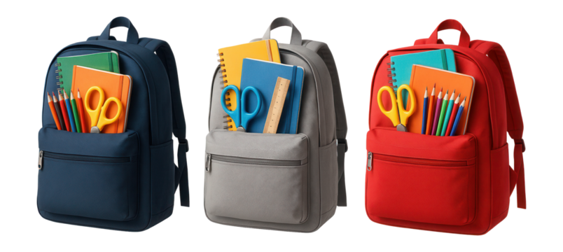 Three colorful backpacks filled with school supplies, including notebooks, scissors, and colored pencils, on transparent background.
