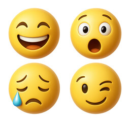 Fototapeta premium Set of four expressive yellow emoji faces including laughing, surprised, crying, and winking on transparent background.