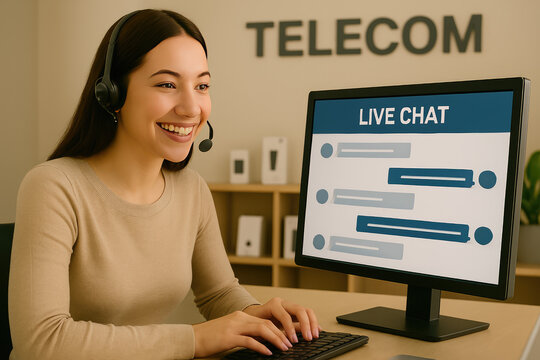 Customer Service Representative Smiling: A woman, exuding confidence and warmth, engages in a live chat, a portrait of modern customer support, embodying the essence of help and interaction.