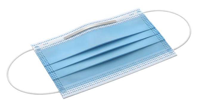  A flat, blue 3-ply surgical face mask, realistic PNG with ear loops, isolated on white background.