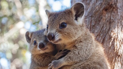 Naklejka premium Two quokkas cuddling, adult and joey bonding outdoors