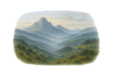 Majestic Mountain Valley Landscape Painting with Hazy Summits and Verdant Rolling Hills