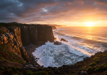 Dramatic Sunset over Sea Cliffs