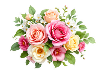 Obraz premium Colorful Rose and Daisy Floral Arrangement with Green Leaves - Isolated on transparent background