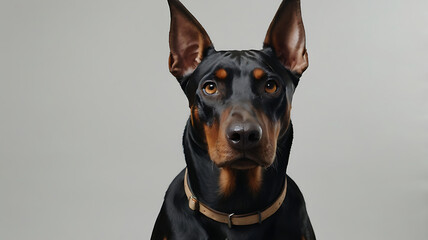 A sleek Doberman Pinscher standing with white background