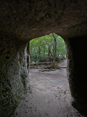 Fototapeta premium Kőporos Ravine, Hungary, erosion, rhyolite tuff, narrow canyon, hiking trail, nature path, geological formation, steep walls, forest canyon, Bükk Mountains, eco-tourism