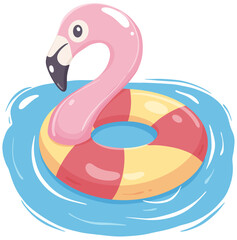 Cute pink flamingo head float ring in a pool, designed in a playful cartoon style perfect for summer and vacation themes