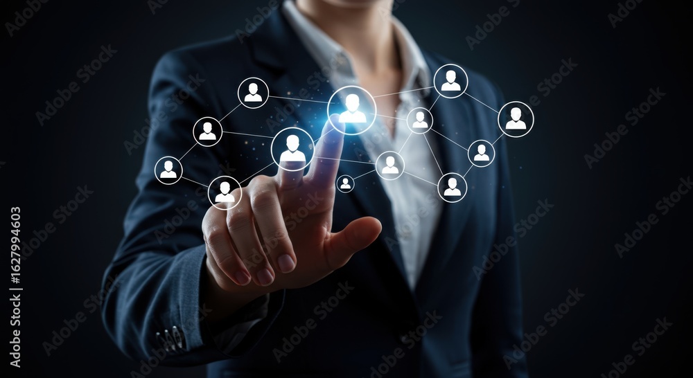 Poster professional touching digital network interface connecting human icons representing global connectio