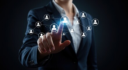 Professional touching digital network interface connecting human icons representing global connections and teamwork