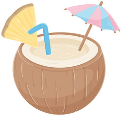 Tropical coconut drink with umbrella and pineapple slice illustration